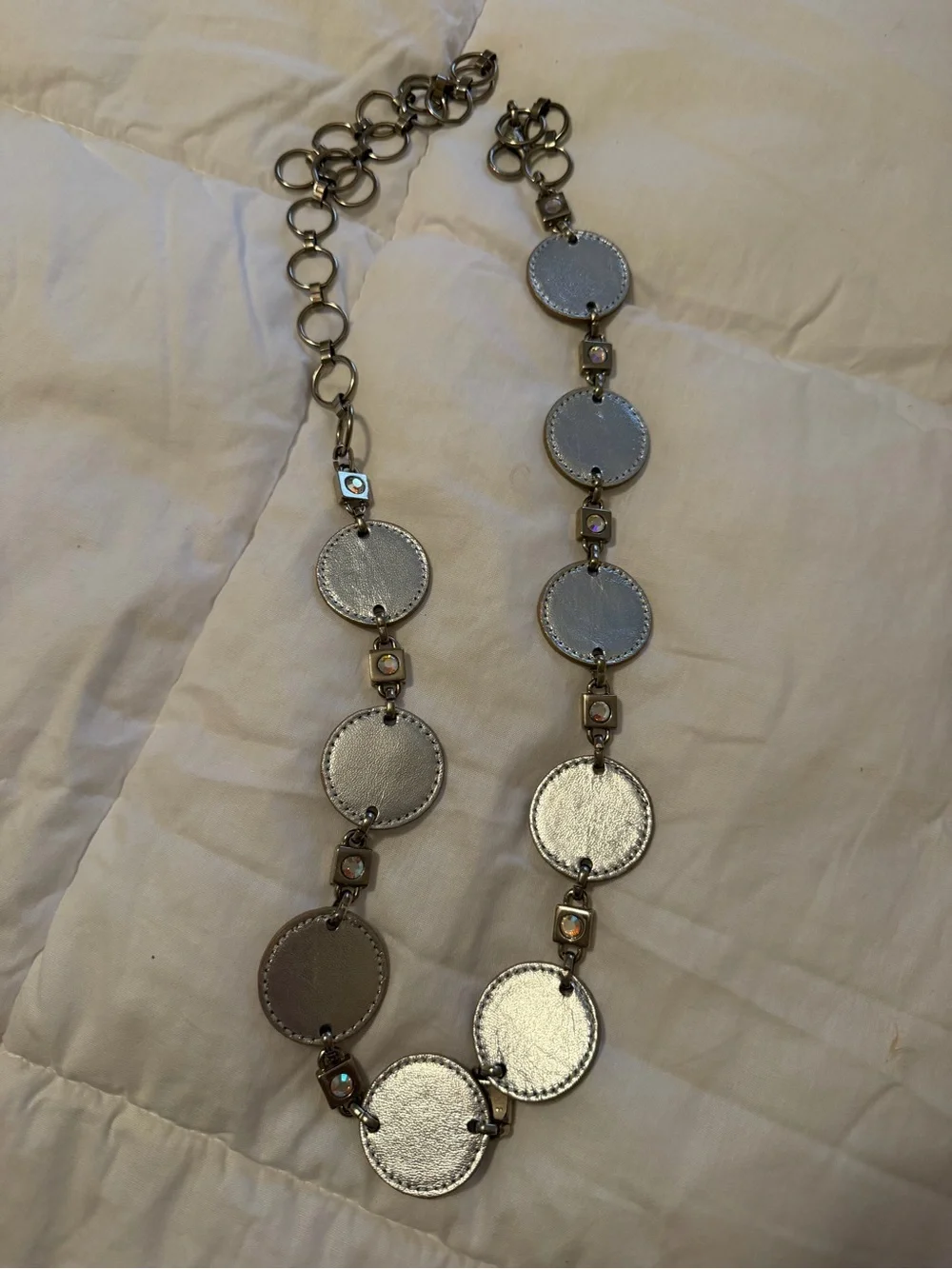 Belt silver leather circles separated with silver solid squares embed with Cryst